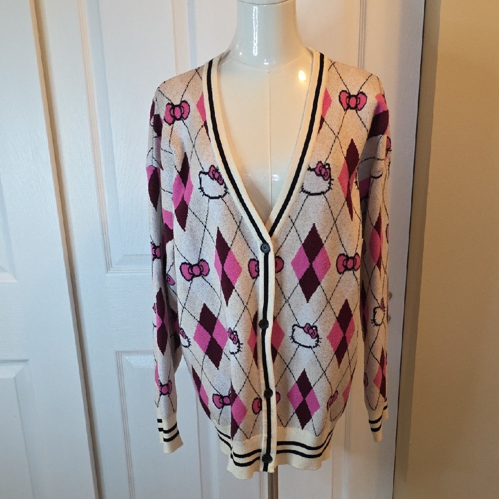 Hello Kitty Pink and Cream Argyle Cardigan